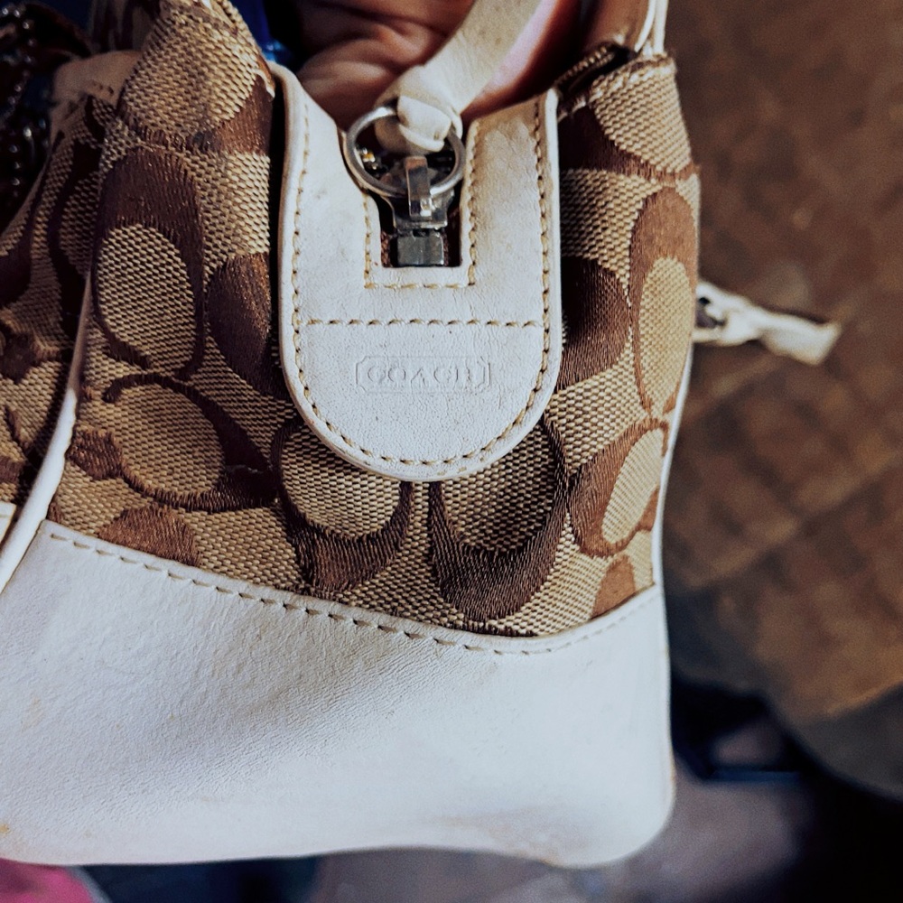 Coach Brown and Cream Mini Bag with Signature Pattern